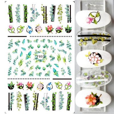 Satriecošas ziedu uzlīmes nagu uzlīmes 3D uzlīmes Līnijas Neļķes Slīdnis Ģeometriski Ziedi Lapas Nail Art DIY pavasara manikīra folija LAF804