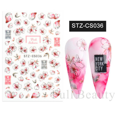Satriecošas ziedu uzlīmes nagu uzlīmes 3D uzlīmes Līnijas Neļķes Slīdnis Ģeometriski Ziedi Lapas Nail Art DIY pavasara manikīra folija LAF804