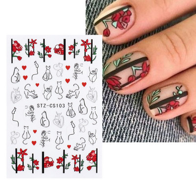 Satriecošas ziedu uzlīmes nagu uzlīmes 3D uzlīmes Līnijas Neļķes Slīdnis Ģeometriski Ziedi Lapas Nail Art DIY pavasara manikīra folija LAF804