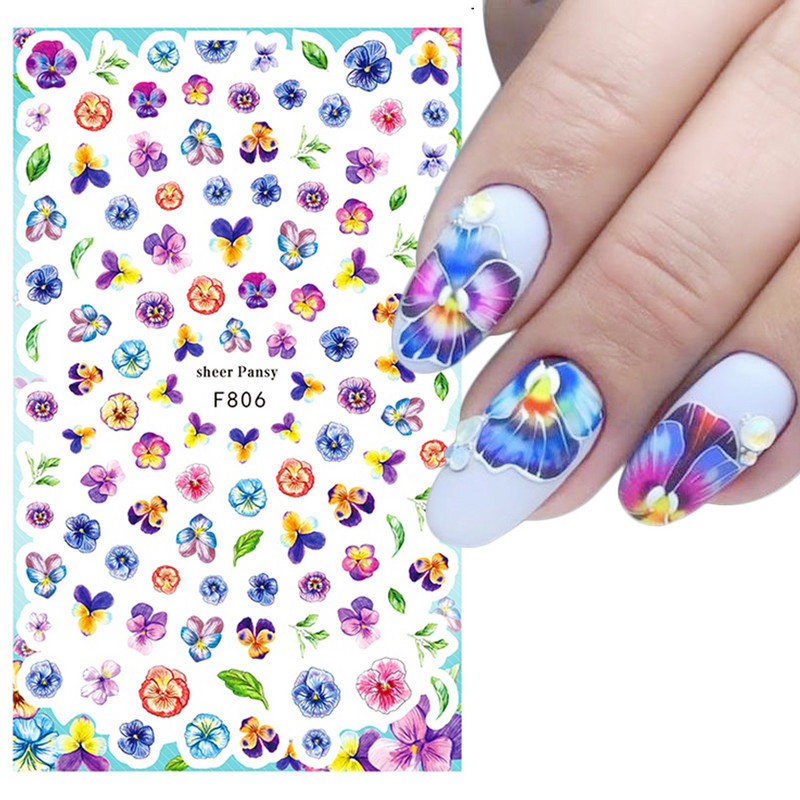 Satriecošas ziedu uzlīmes nagu uzlīmes 3D uzlīmes Līnijas Neļķes Slīdnis Ģeometriski Ziedi Lapas Nail Art DIY pavasara manikīra folija LAF804