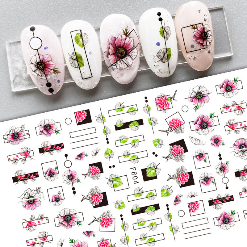 Satriecošas ziedu uzlīmes nagu uzlīmes 3D uzlīmes Līnijas Neļķes Slīdnis Ģeometriski Ziedi Lapas Nail Art DIY pavasara manikīra folija LAF804