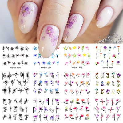 12 tk / komplekt mustad jooned geomeetria lilled lehed mustrid kleebised liugurid akvarelli tint DIY maniküüri küünte kaunistus
