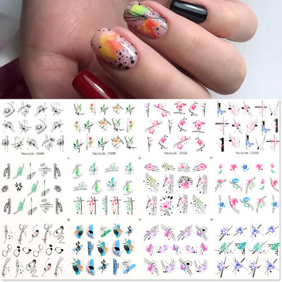 12 tk / komplekt mustad jooned geomeetria lilled lehed mustrid kleebised liugurid akvarelli tint DIY maniküüri küünte kaunistus