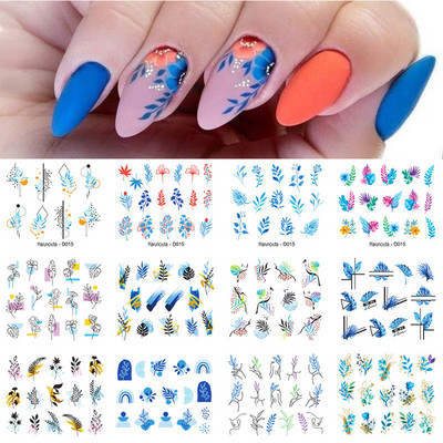 12 tk / komplekt mustad jooned geomeetria lilled lehed mustrid kleebised liugurid akvarelli tint DIY maniküüri küünte kaunistus