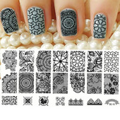 Πλάκες σφράγισης για νύχια με γραμμή δαντέλας Φύλλα λουλουδιών Κρανίο φάντασμα Πρότυπα σφραγίδας εικόνας εκτύπωσης Στένσιλ για μανικιούρ Εργαλεία Κέικ νυχτερίδας