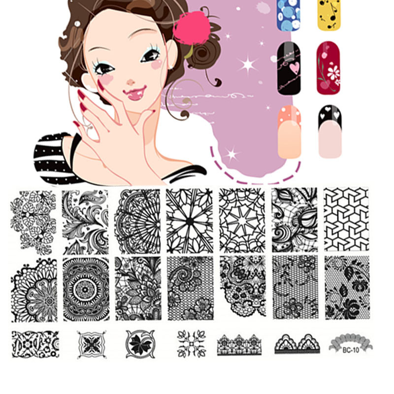 Πλάκες σφράγισης για νύχια με γραμμή δαντέλας Φύλλα λουλουδιών Κρανίο φάντασμα Πρότυπα σφραγίδας εικόνας εκτύπωσης Στένσιλ για μανικιούρ Εργαλεία Κέικ νυχτερίδας