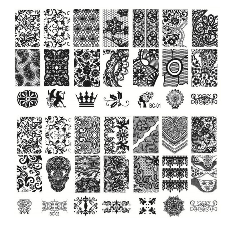Πλάκες σφράγισης για νύχια με γραμμή δαντέλας Φύλλα λουλουδιών Κρανίο φάντασμα Πρότυπα σφραγίδας εικόνας εκτύπωσης Στένσιλ για μανικιούρ Εργαλεία Κέικ νυχτερίδας