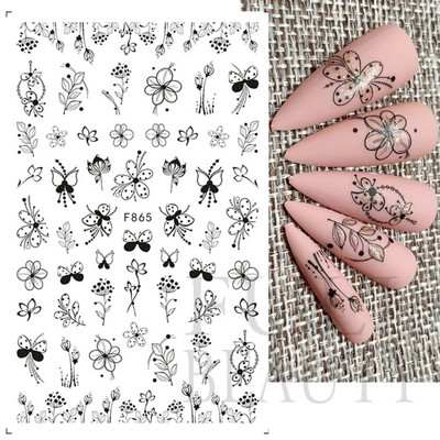 3D mustade lehtedega küünekleebis liblikas lillede küünekaunistused korea prantsuse armsad liuguri tagaliimi kleebised tüdrukutele CHF868