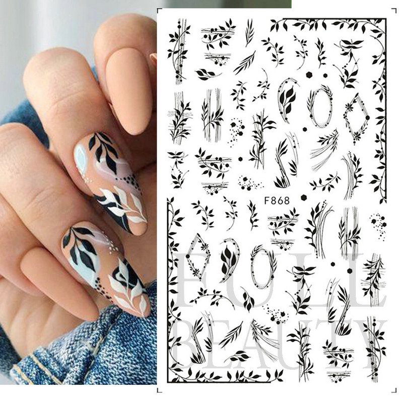 3D mustade lehtedega küünekleebis liblikas lillede küünekaunistused korea prantsuse armsad liuguri tagaliimi kleebised tüdrukutele CHF868