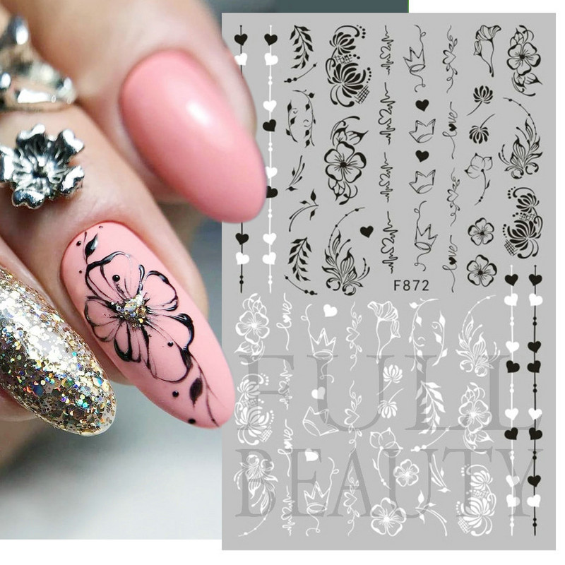 3D mustade lehtedega küünekleebis liblikas lillede küünekaunistused korea prantsuse armsad liuguri tagaliimi kleebised tüdrukutele CHF868