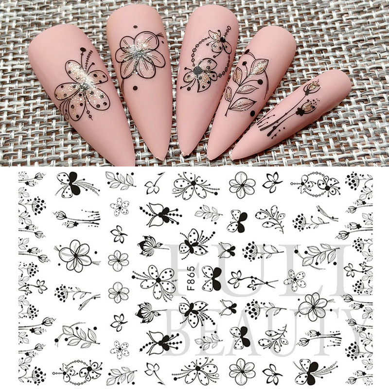 3D mustade lehtedega küünekleebis liblikas lillede küünekaunistused korea prantsuse armsad liuguri tagaliimi kleebised tüdrukutele CHF868