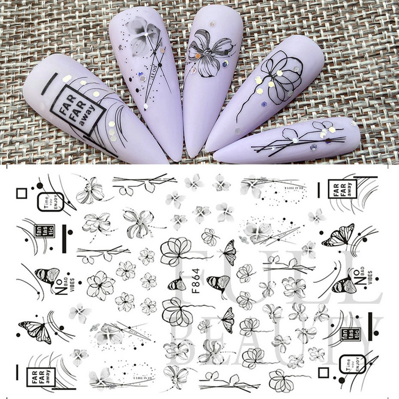 3D mustade lehtedega küünekleebis liblikas lillede küünekaunistused korea prantsuse armsad liuguri tagaliimi kleebised tüdrukutele CHF868