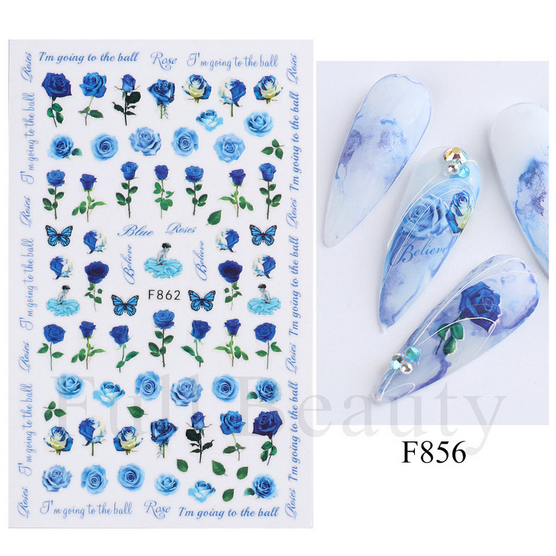 1 TK roosiküüne kleebis Sinine liblikas 3D lilled liugur Pulmad küünekunsti kaunistused fooliumist maniküüri tarvikud LAF858