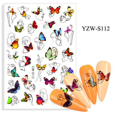 3D-must/valge küünekleebised lille-süda Abstraktsed geomeetrilised loomalehtede lillede disain küünekleebised maniküüri kaunistused