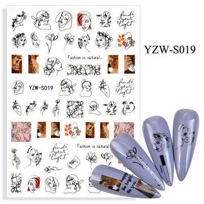 3D-must/valge küünekleebised lille-süda Abstraktsed geomeetrilised loomalehtede lillede disain küünekleebised maniküüri kaunistused