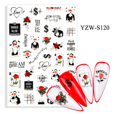 3D-must/valge küünekleebised lille-süda Abstraktsed geomeetrilised loomalehtede lillede disain küünekleebised maniküüri kaunistused