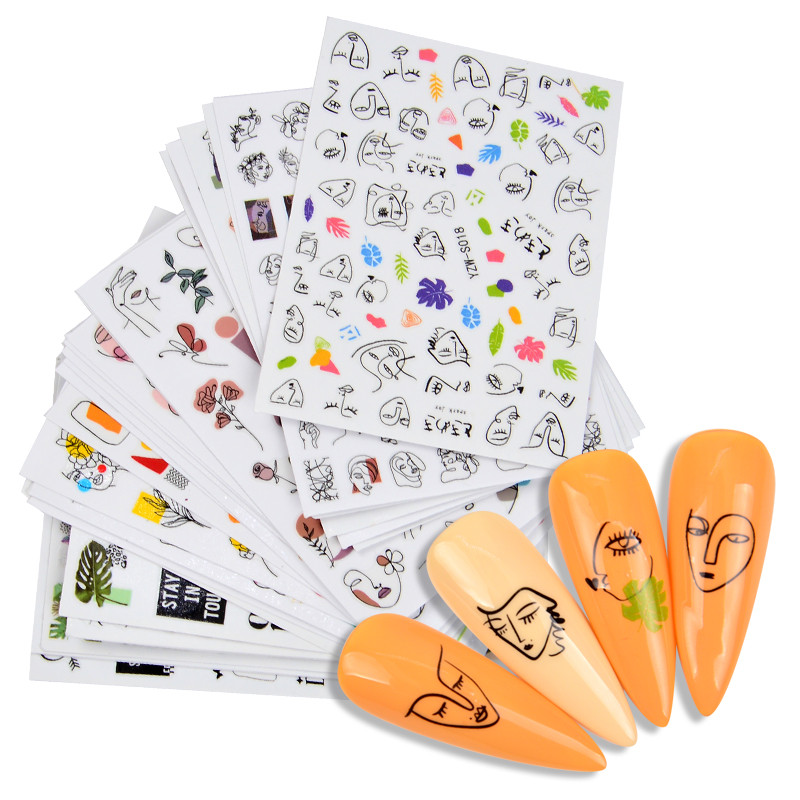 3D-must/valge küünekleebised lille-süda Abstraktsed geomeetrilised loomalehtede lillede disain küünekleebised maniküüri kaunistused