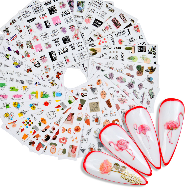 3D-must/valge küünekleebised lille-süda Abstraktsed geomeetrilised loomalehtede lillede disain küünekleebised maniküüri kaunistused