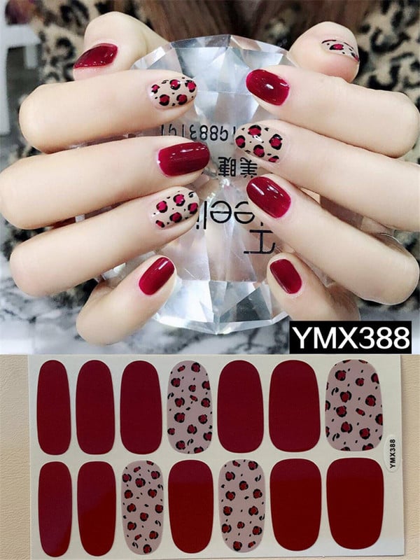 14 tips/φύλλο Πλήρες κάλυμμα Περιτυλίγματα αυτοκόλλητα βερνίκι νυχιών Λωρίδες μονόχρωμα διακοσμητικά νυχιών Σχέδια λεοπάρ γκλίτερ σε πούδρα Συμβουλή για μανικιούρ