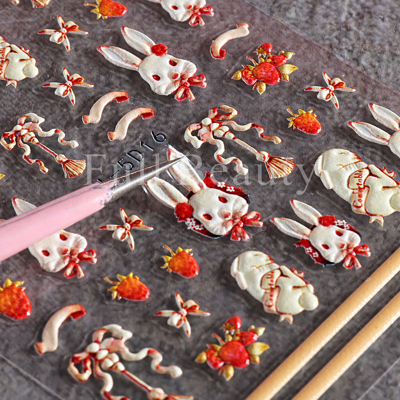 5D Zeko Naljepnice za nokte Vrpce slatke jagode Reljefni klizači za nokte Slatki crtani zečevi Naljepnice Manikura GLJI-5D16