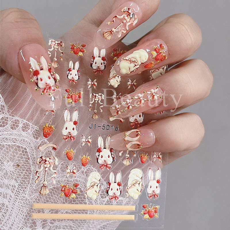 5D Zeko Naljepnice za nokte Vrpce slatke jagode Reljefni klizači za nokte Slatki crtani zečevi Naljepnice Manikura GLJI-5D16