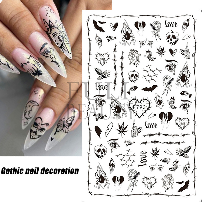 1 τεμ. 3D αυτοκόλλητο νυχιών Αισθητικό μαύρο φίδι, κακά μάτια, γοτθική διακόσμηση κρανίου με μάγισσα, νυχιών πεταλούδα ρυθμιστικό για μανικιούρ GLF792