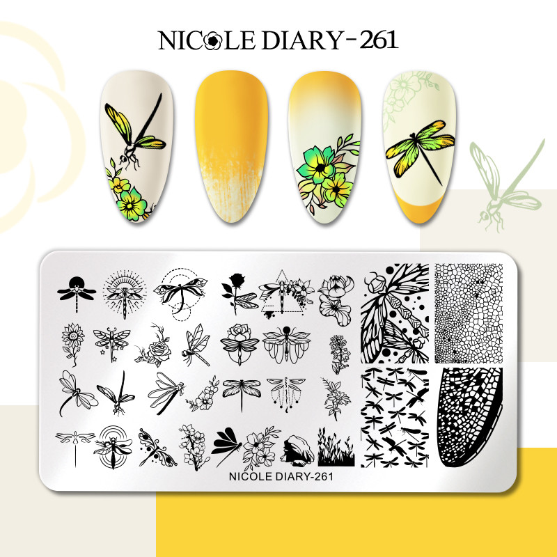 NICOLE DIARY Πλάκες σφράγισης νυχιών Dragonfly Σχέδιο λουλουδιών πεταλούδας Πρότυπα σφραγίδας εκτύπωσης καλουπιών Στένσιλ μεταφοράς εικόνας