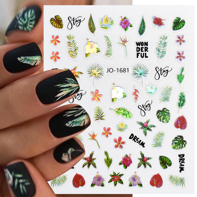 Πολύχρωμα φύλλα τρισδιάστατα αυτοκόλλητα νυχιών Ολογραφικά λέιζερ Floral αυτοκόλλητα Άνοιξη καλοκαιρινό συρόμενο για νύχια Μανικιούρ Διακόσμηση αξεσουάρ