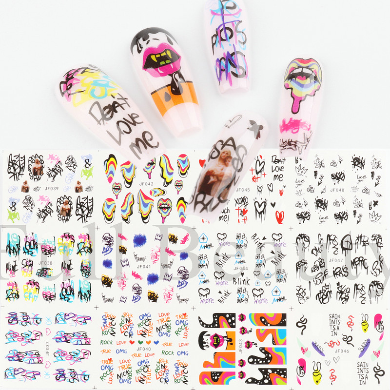 Neon Graffiti Körömmatricák Feliratok Víz Körömmatricák Trippy Rainbow Ajkak Csúsztatók Francia manikűr tippek Vízjelek GLJF37-48