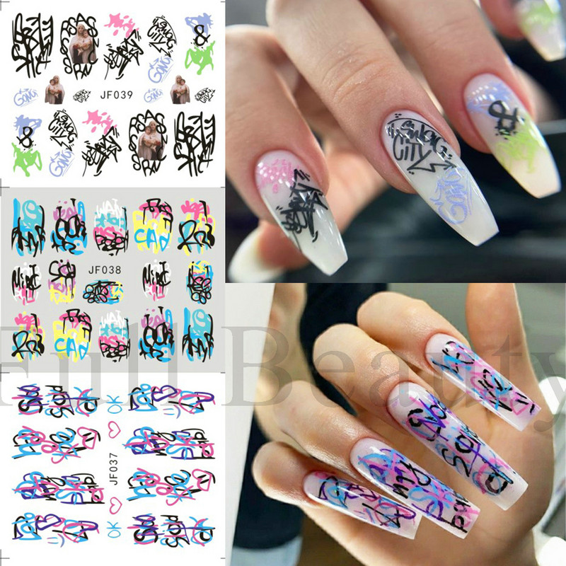 Neon Graffiti Körömmatricák Feliratok Víz Körömmatricák Trippy Rainbow Ajkak Csúsztatók Francia manikűr tippek Vízjelek GLJF37-48
