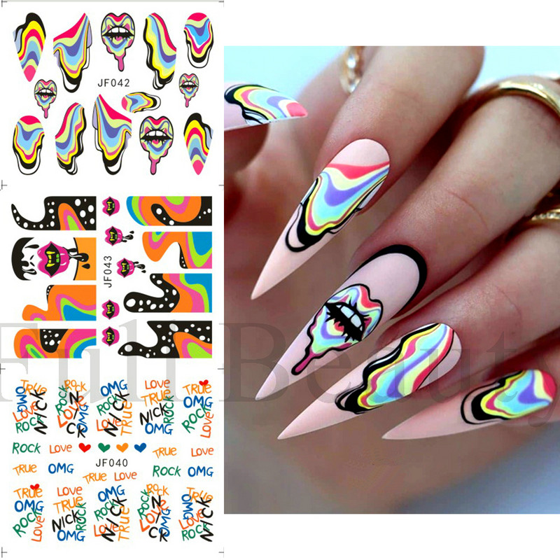 Neon Graffiti Körömmatricák Feliratok Víz Körömmatricák Trippy Rainbow Ajkak Csúsztatók Francia manikűr tippek Vízjelek GLJF37-48
