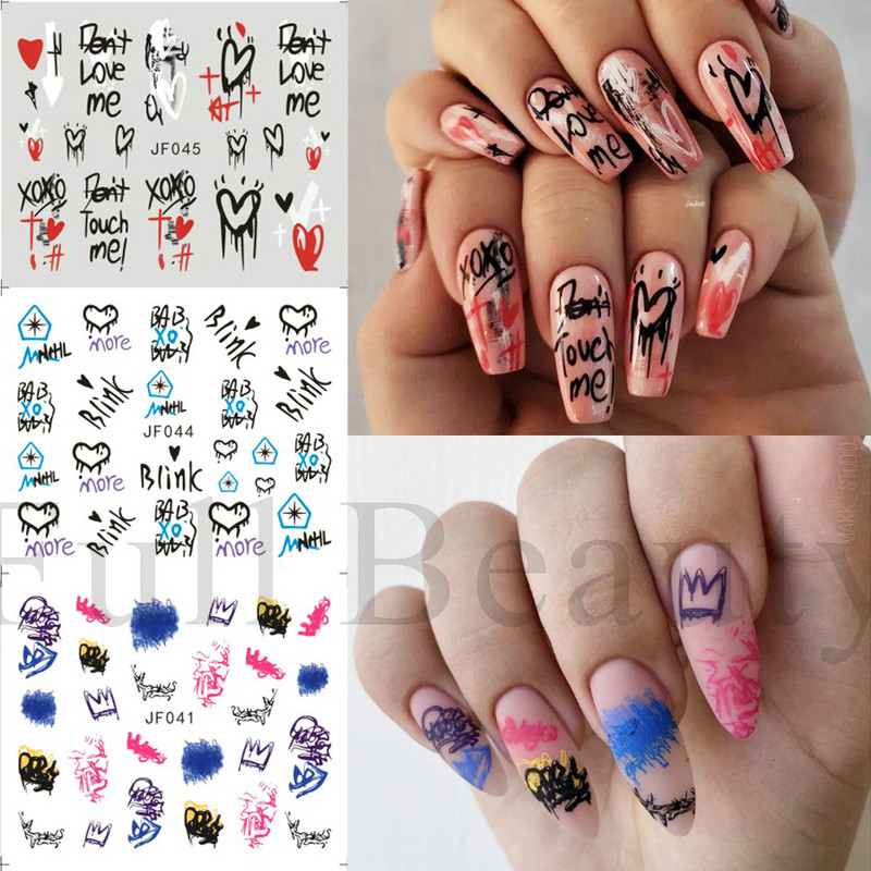 Neon Graffiti Körömmatricák Feliratok Víz Körömmatricák Trippy Rainbow Ajkak Csúsztatók Francia manikűr tippek Vízjelek GLJF37-48