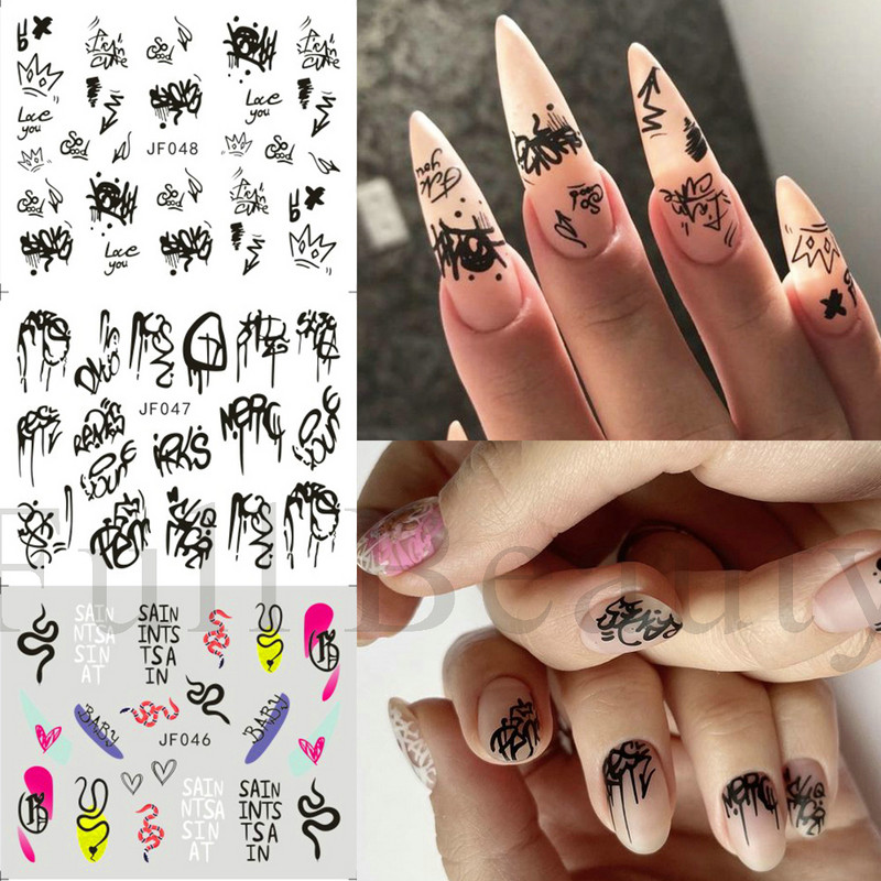 Neon Graffiti Körömmatricák Feliratok Víz Körömmatricák Trippy Rainbow Ajkak Csúsztatók Francia manikűr tippek Vízjelek GLJF37-48