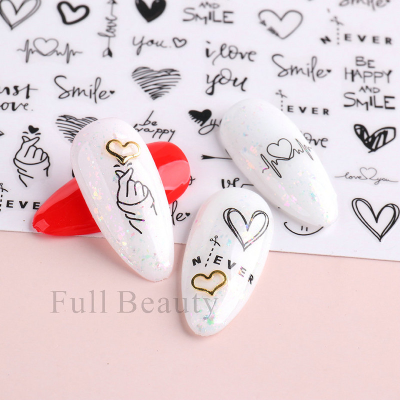 3D Love Nail Art naljepnice Englesko slovo Heart Design Slatki crtani ljepljivi klizači Dodaci za Valentinovo LAF636