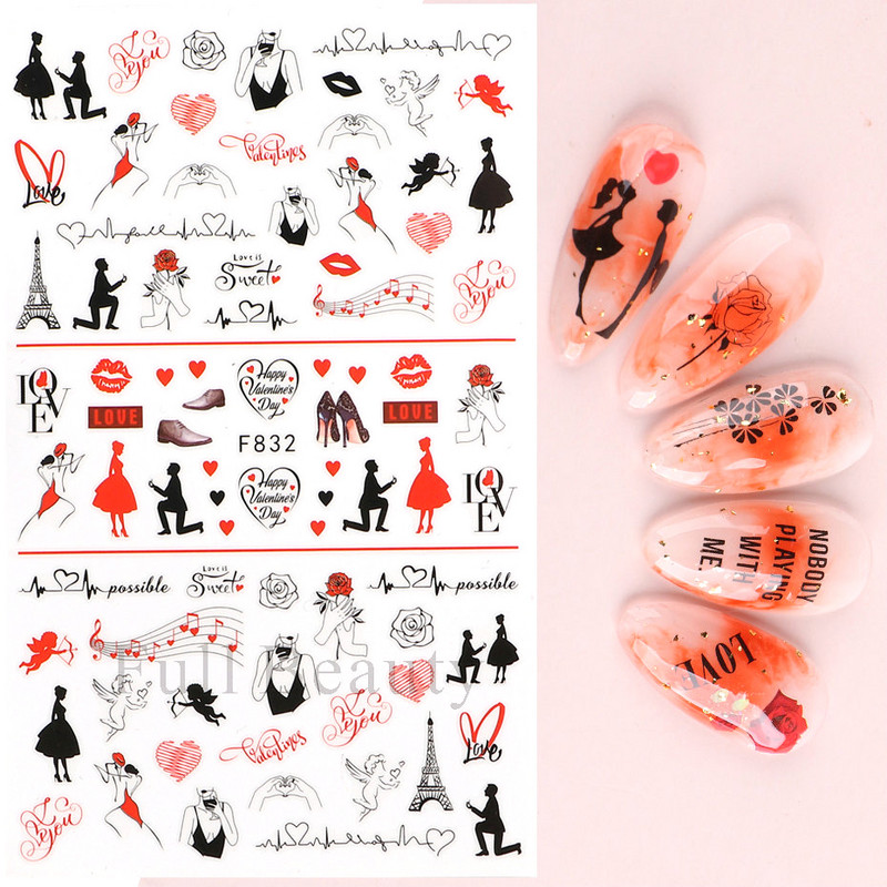 3D Love Nail Art naljepnice Englesko slovo Heart Design Slatki crtani ljepljivi klizači Dodaci za Valentinovo LAF636