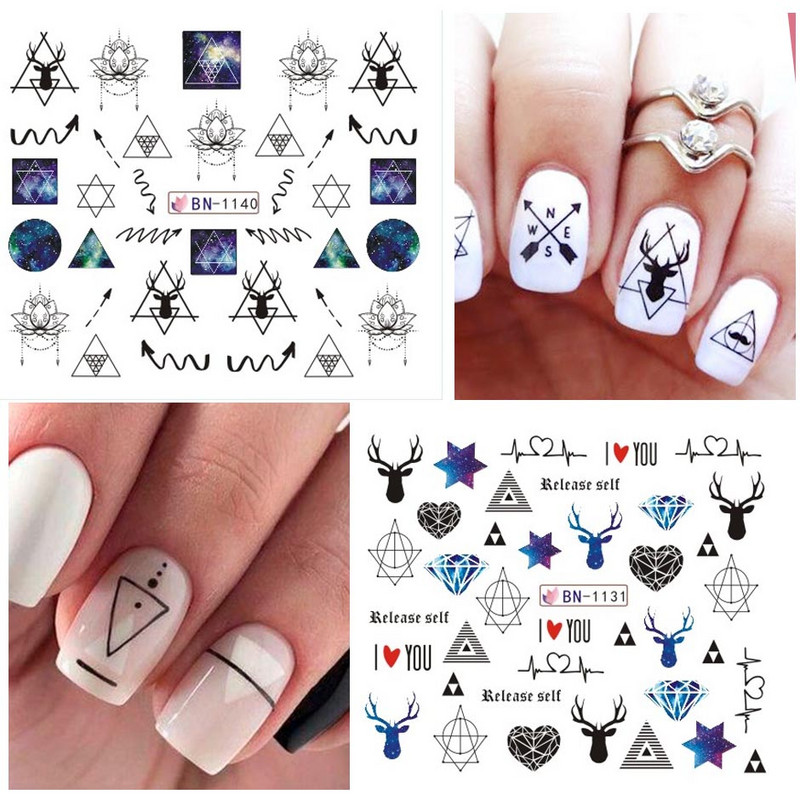 12 tk geomeetrilised küünte liugurid vesikleebiste komplekt loomad hirved akvarell tint DIY maniküüri disain küünekleebised foolium CHBN1129-1140