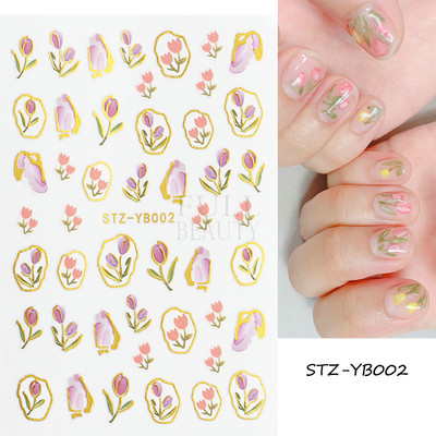 Ροζ λουλούδι αυτοκόλλητα νυχιών σχέδιο τουλίπας Ιαπωνικό μανικιούρ ρετρό χρυσό συρόμενο πλαίσιο για νύχια Αξεσουάρ Kawaii Charms GLYB002