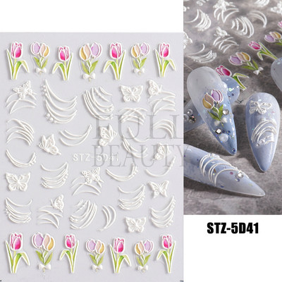 Ροζ λουλούδι αυτοκόλλητα νυχιών σχέδιο τουλίπας Ιαπωνικό μανικιούρ ρετρό χρυσό συρόμενο πλαίσιο για νύχια Αξεσουάρ Kawaii Charms GLYB002