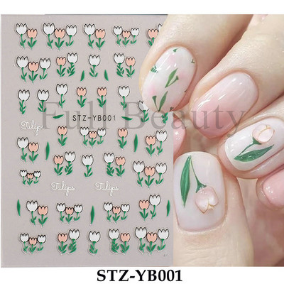 Ροζ λουλούδι αυτοκόλλητα νυχιών σχέδιο τουλίπας Ιαπωνικό μανικιούρ ρετρό χρυσό συρόμενο πλαίσιο για νύχια Αξεσουάρ Kawaii Charms GLYB002