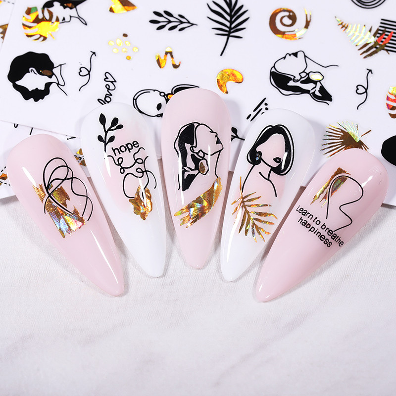 Abstraktsed geomeetria kleebised küüntele 3D laser hõbedane kuldne must lehed südamejoon liimitud liugurid dekoori holograafiline kleebis