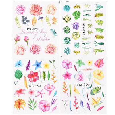 1/4 gab Romantic Flower Leaf Series Water Transfer Slider Decals Spring Nail Art Decoration Design Tetovējums manikīra folijas uzgaļiem