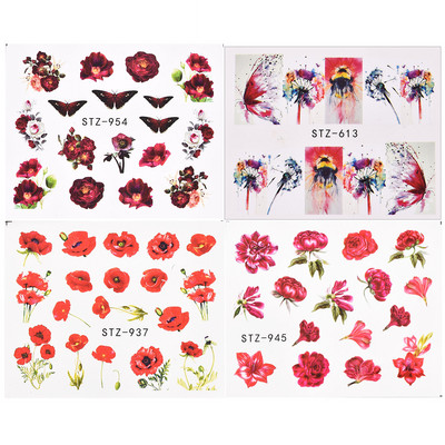 1/4 gab Romantic Flower Leaf Series Water Transfer Slider Decals Spring Nail Art Decoration Design Tetovējums manikīra folijas uzgaļiem