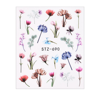 1/4 gab Romantic Flower Leaf Series Water Transfer Slider Decals Spring Nail Art Decoration Design Tetovējums manikīra folijas uzgaļiem