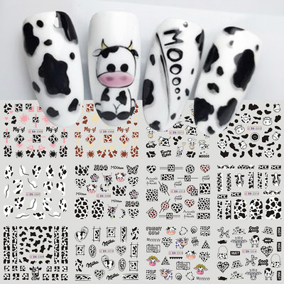 12db Cute Cows Prints Körömmatricák Fekete Fehér Tejes Tehenek Vízcsúszdák körmökhöz Fun Farm Manikűr Barkács Dekor Köröm Szerszámok SABN
