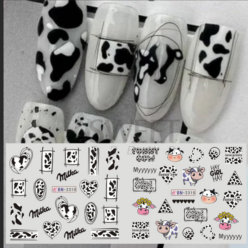 12db Cute Cows Prints Körömmatricák Fekete Fehér Tejes Tehenek Vízcsúszdák körmökhöz Fun Farm Manikűr Barkács Dekor Köröm Szerszámok SABN