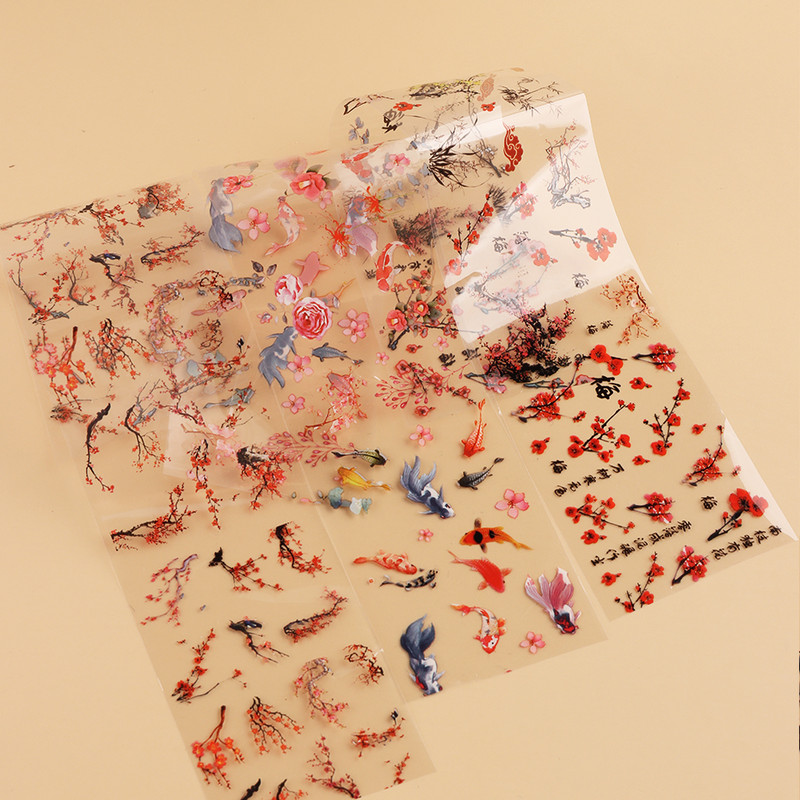 Ζωγραφική με μελάνι Φύλλα μπαμπού κινεζικοί χαρακτήρες Αυτοκόλλητα μεμβράνη νυχιών Αυτοκόλλητα μεταφοράς καρφιών Παιώνια γερανός Lotus αυτοκόλλητα ολισθητήρες LERTY