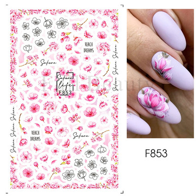 3D-kevadine akvarell küünekleebis Disain lilla lillega lehtede liugur küünekunsti kaunistus Lillelakk Kleebised maniküüri tööriist GLF850