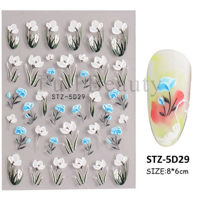 Αυτοκόλλητο νυχιών σε 5D λευκό ανάγλυφο λουλούδι, Χειμερινή χαραγμένη κόλλα σε γραμμή πεταλούδας, ολισθαίνοντα διακοσμητικό για μανικιούρ Decal NFSTZ-5D037
