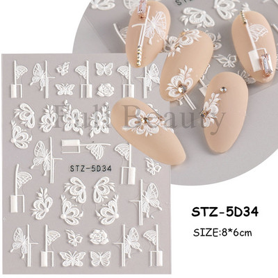 Αυτοκόλλητο νυχιών σε 5D λευκό ανάγλυφο λουλούδι, Χειμερινή χαραγμένη κόλλα σε γραμμή πεταλούδας, ολισθαίνοντα διακοσμητικό για μανικιούρ Decal NFSTZ-5D037