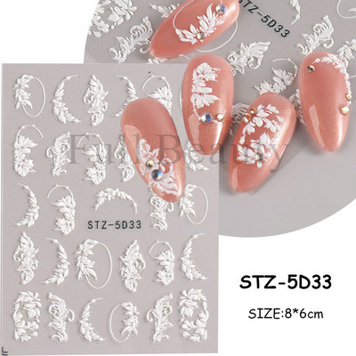 Αυτοκόλλητο νυχιών σε 5D λευκό ανάγλυφο λουλούδι, Χειμερινή χαραγμένη κόλλα σε γραμμή πεταλούδας, ολισθαίνοντα διακοσμητικό για μανικιούρ Decal NFSTZ-5D037